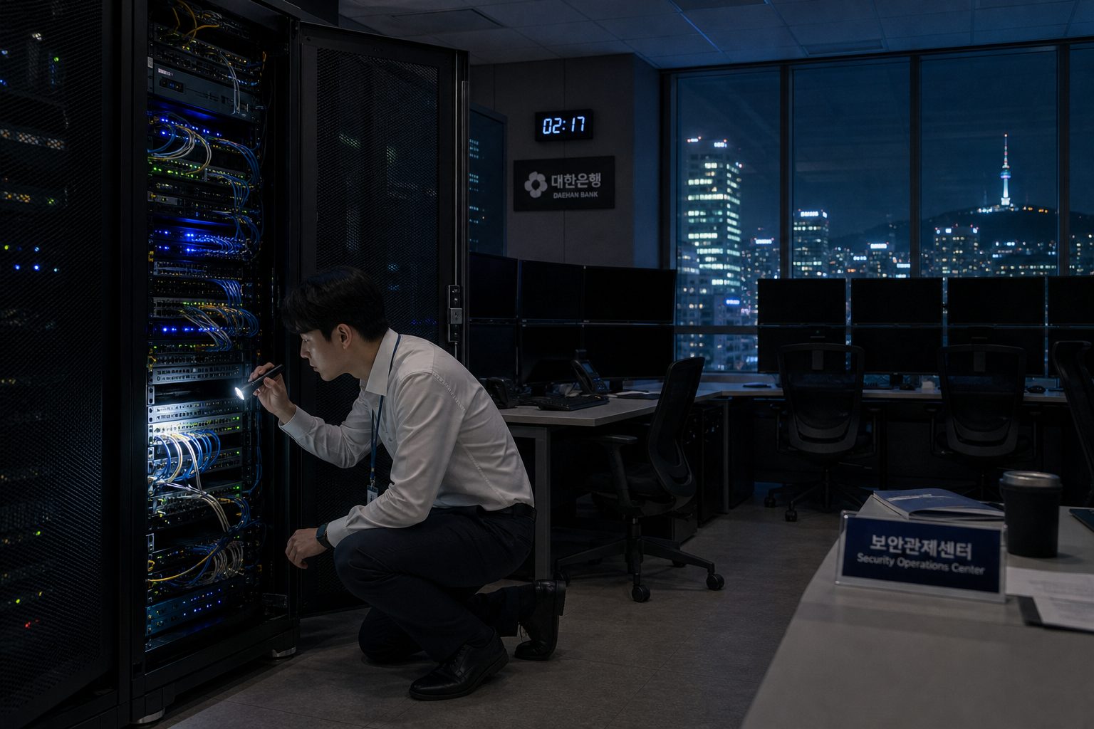 A technician inspects network equipment inside a bank security operations room at night.