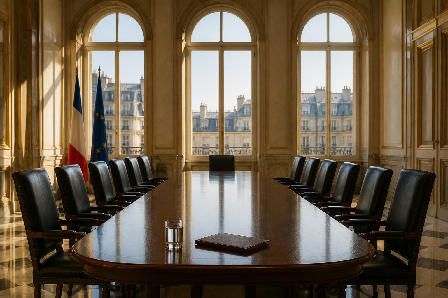 Empty French government conference room with long polished table, rows of leather chairs, and Parisian rooftops seen through tall windows.