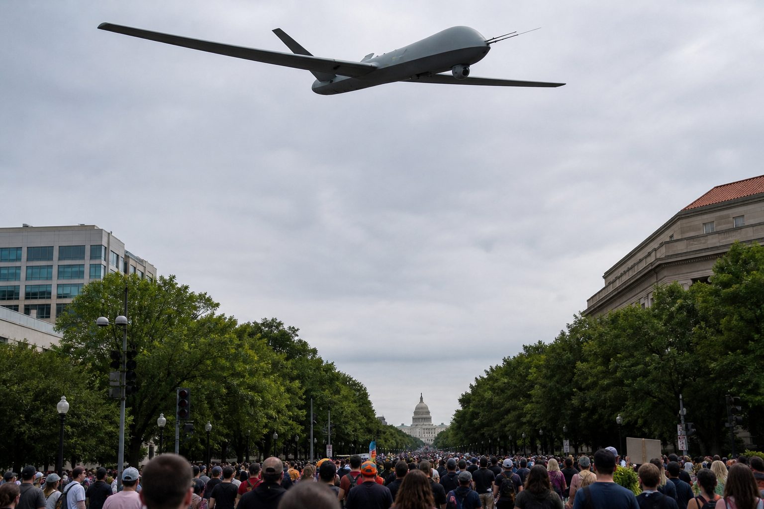 Long-winged surveillance drone with sensor turret flying high above a Los Angeles protest with marchers on the boulevard below.