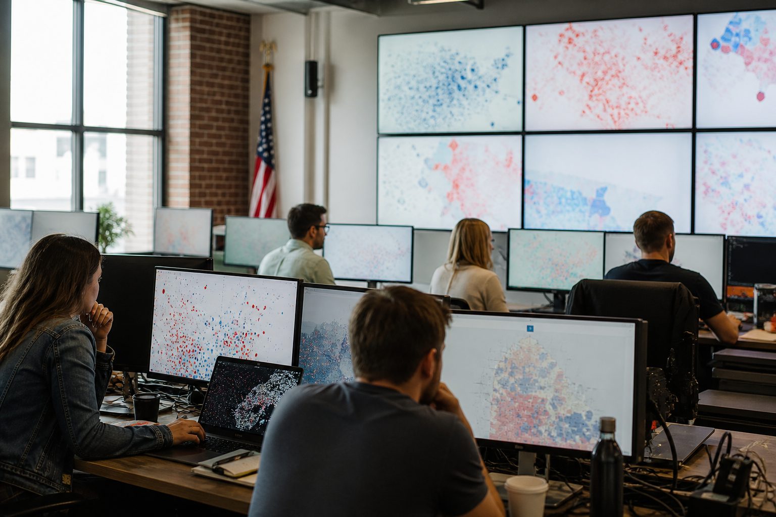 Campaign data analysts study abstract voter patterns on computer screens in a modern office.