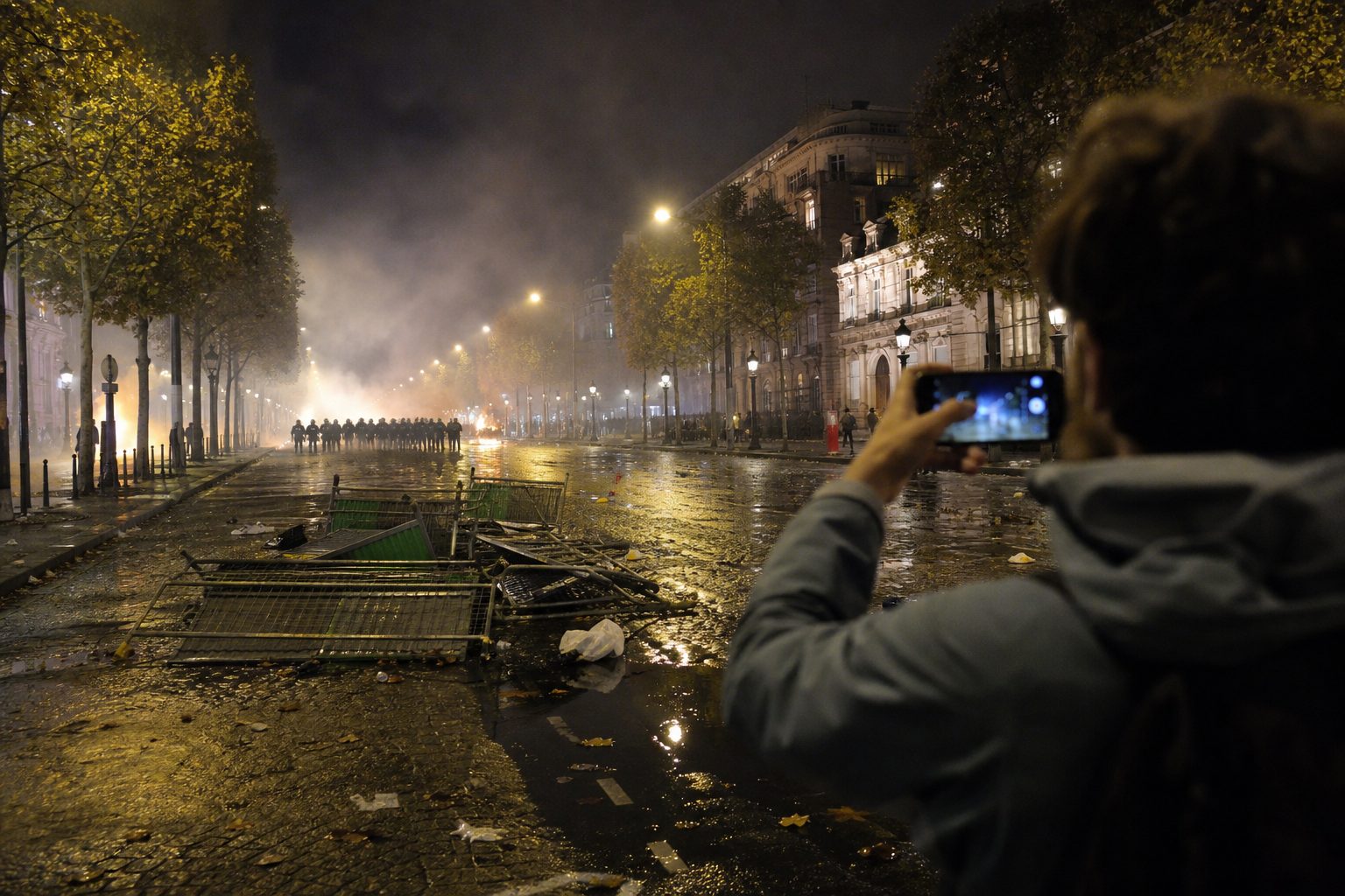 A Paris boulevard after a protest, with smoke, debris, police in the distance, and a bystander filming on a smartphone.