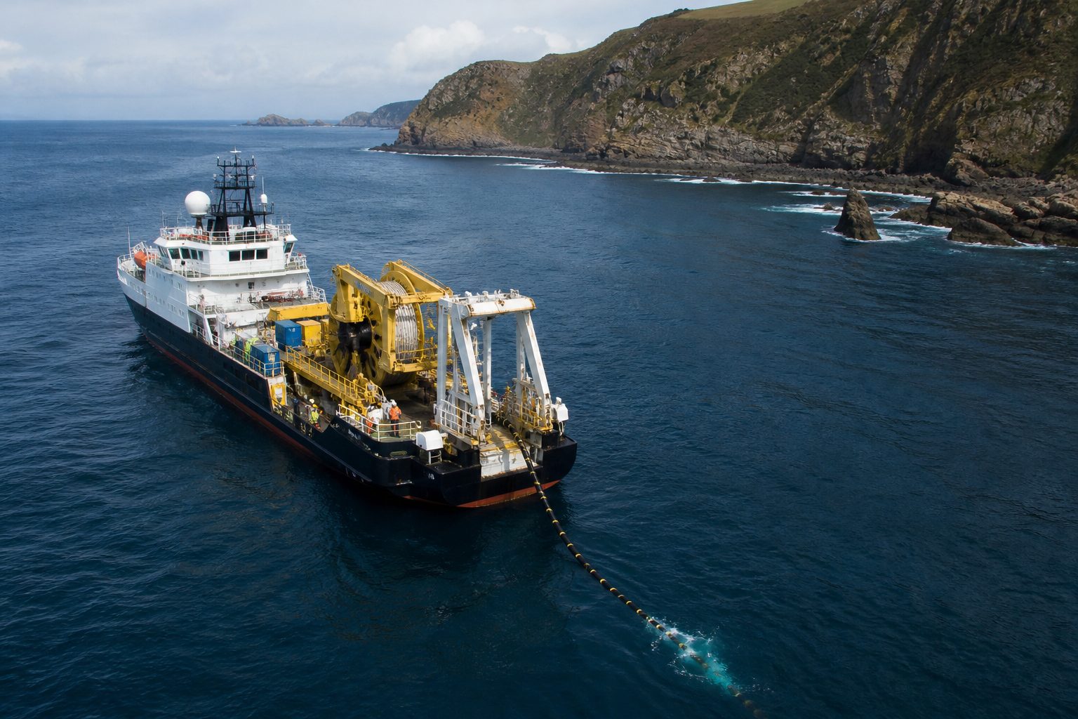 A cable-repair ship lowers a submarine fiber-optic cable into the ocean near a rugged coastline.