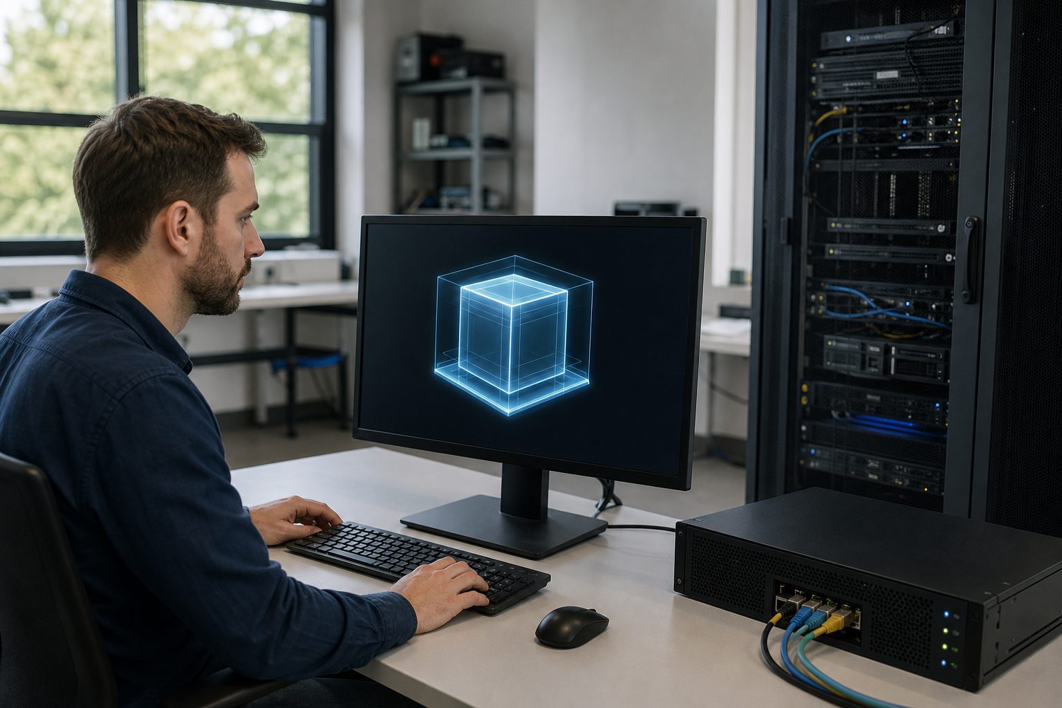 Engineer examines an isolated software container beside servers and a firewall in a computer lab.