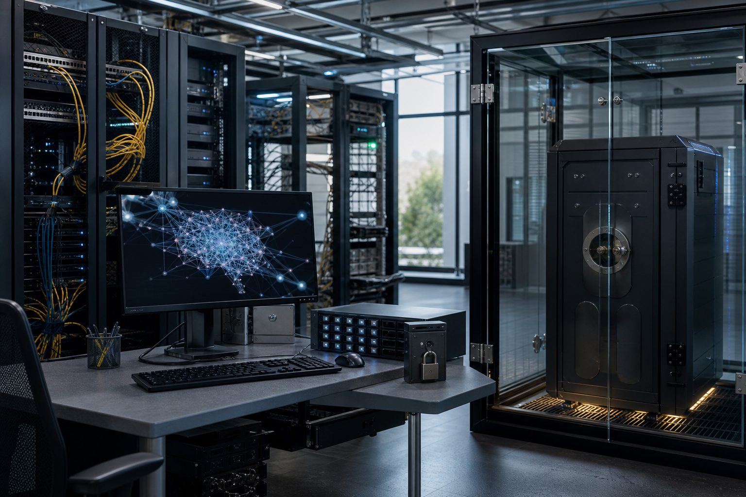 Server room showing an AI workstation beside an isolated computing container and connected infrastructure.