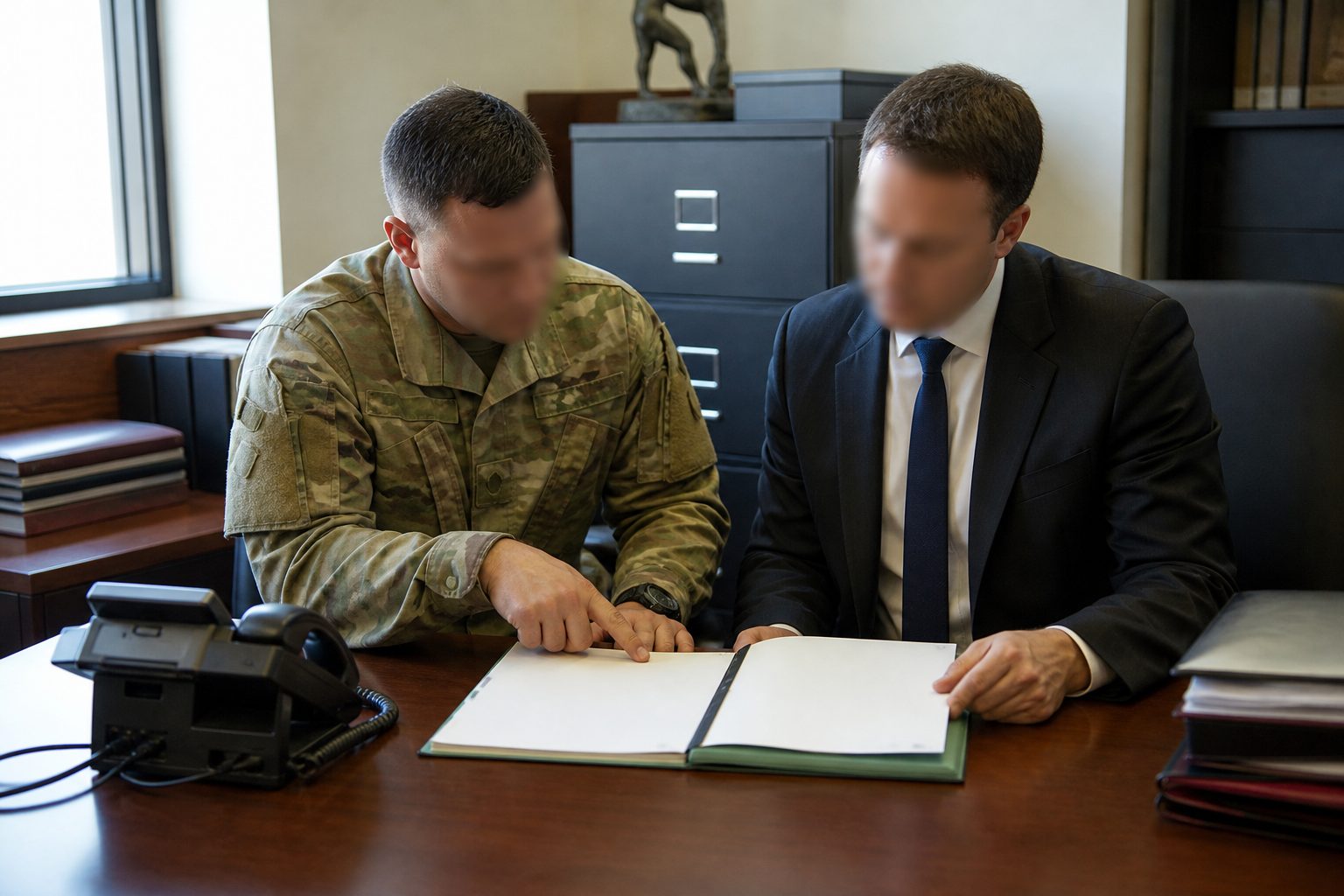 A commander and legal adviser review blank authorization papers in a secure military office.