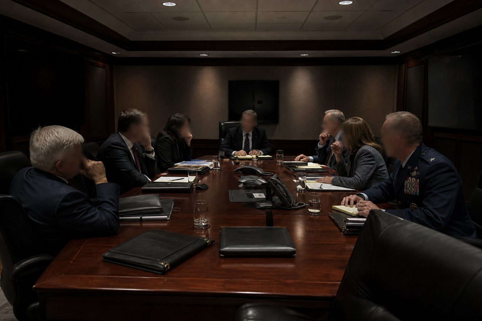Senior officials and a military commander meet tensely in a secure underground briefing room.