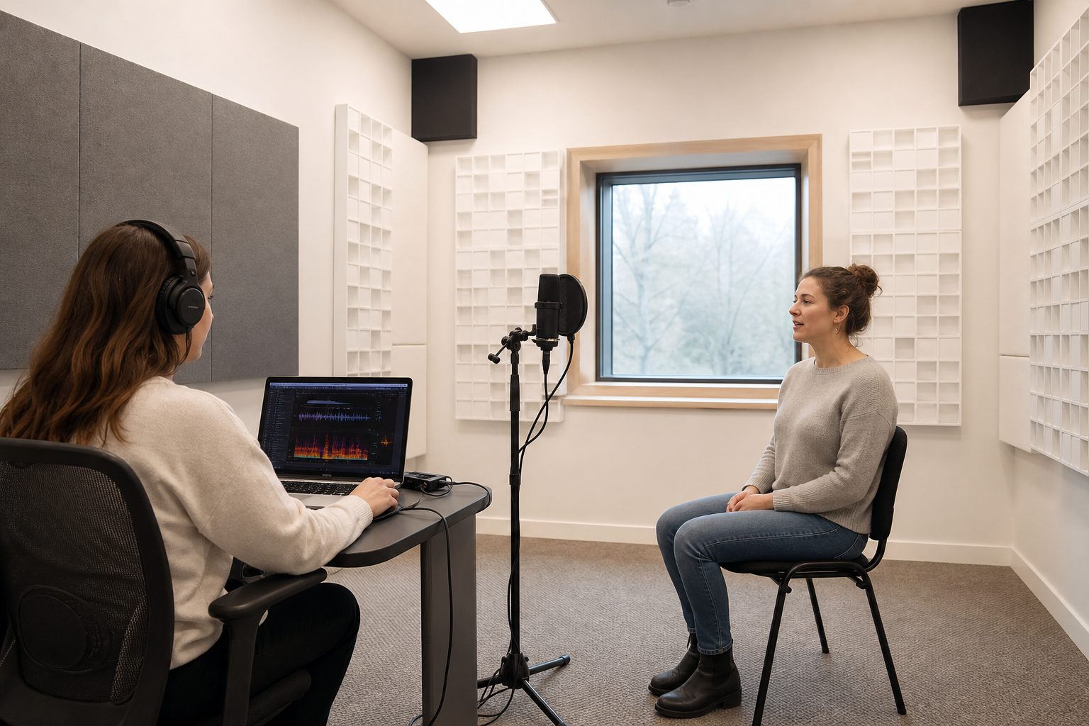 A researcher records a volunteer speaking into a microphone in a quiet acoustics laboratory.