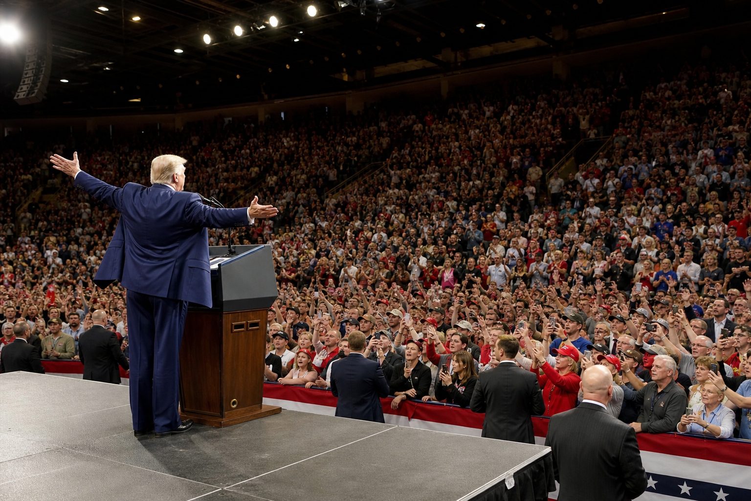 An older politician gestures at a crowded indoor rally while supporters watch from the arena floor.