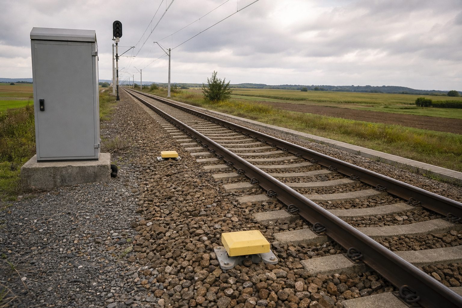 Track-mounted train protection equipment and signaling infrastructure beside a high-speed railway in rural Spain.