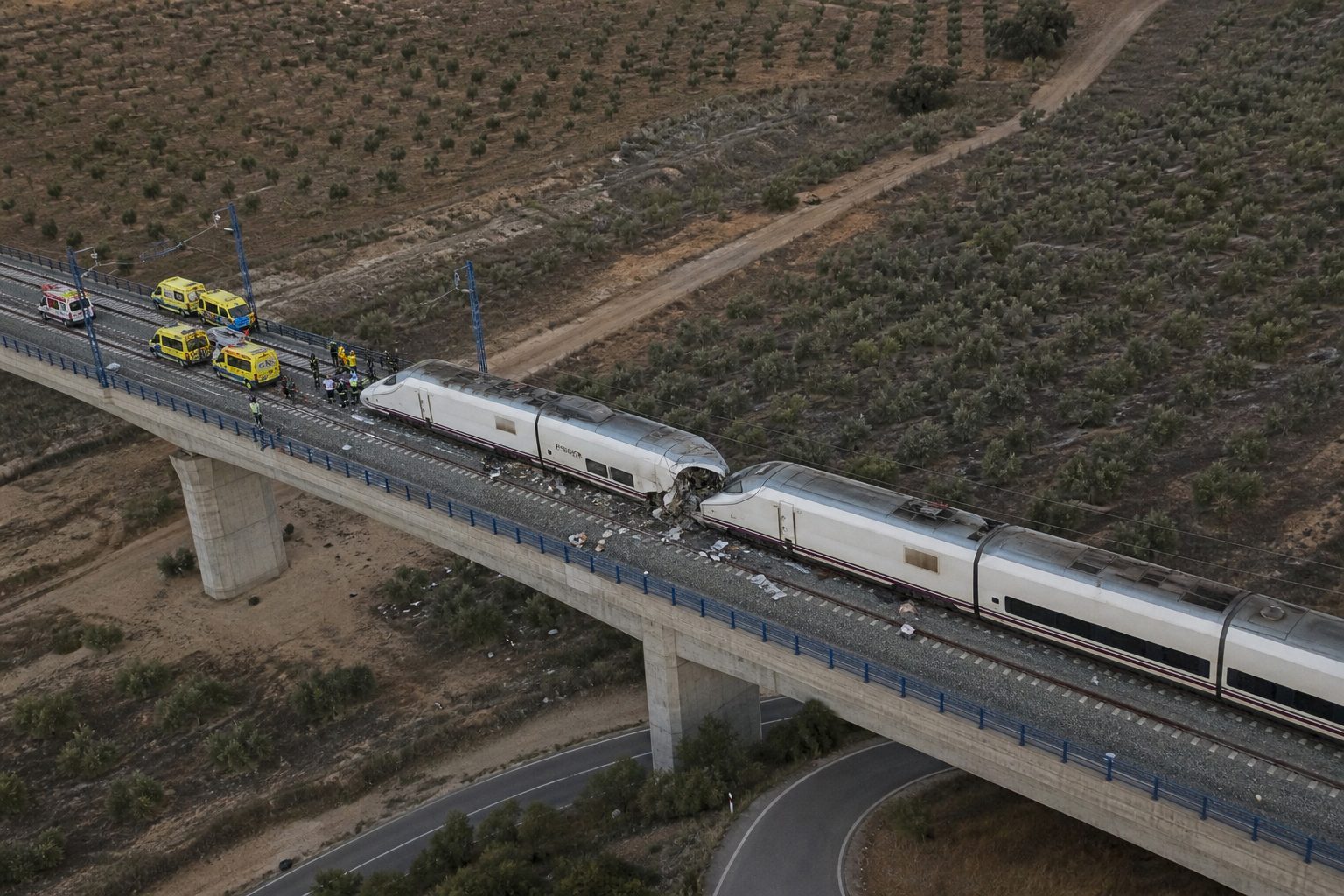 Emergency crews respond beside two high-speed trains after a collision on a rural railway viaduct in Toledo.